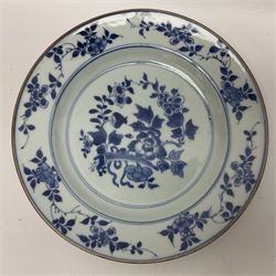 Japanese Meiji period Arita blue and white plate, of circular form, painted with riverside landscape and bird upon flowering branch, with character mark beneath, D24.5cm, together with two 18th century Chinese blue and white plates, each painted with floral design, each approximately D22.5cm