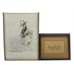 Attrib. Edward Dayes (British 1763-1804): 'An Essex Byway', watercolour titled and attributed on the mount 17cm x 27cm; After Georges Redon (French 1869-1943): 'Ne Buvez Jamais D'eau' - 'Never Drink Water', lithograph from the 'Naughty Children' series 44cm x 31cm; together with a Louis Wain print 12cm x 20cm (3)