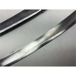 British 1796 Pattern Light Cavalry trooper's sword, the 84cm curving fullered blade stamped Hadley.1 to the back edge, steel hilt with knucklebow, D-shaped langets and leather grip; in polished steel scabbard stamped Osborn & Gunby Birmm. and W.R.16 ( ?16th Light Dragoons) with two suspension rings L100cm overall