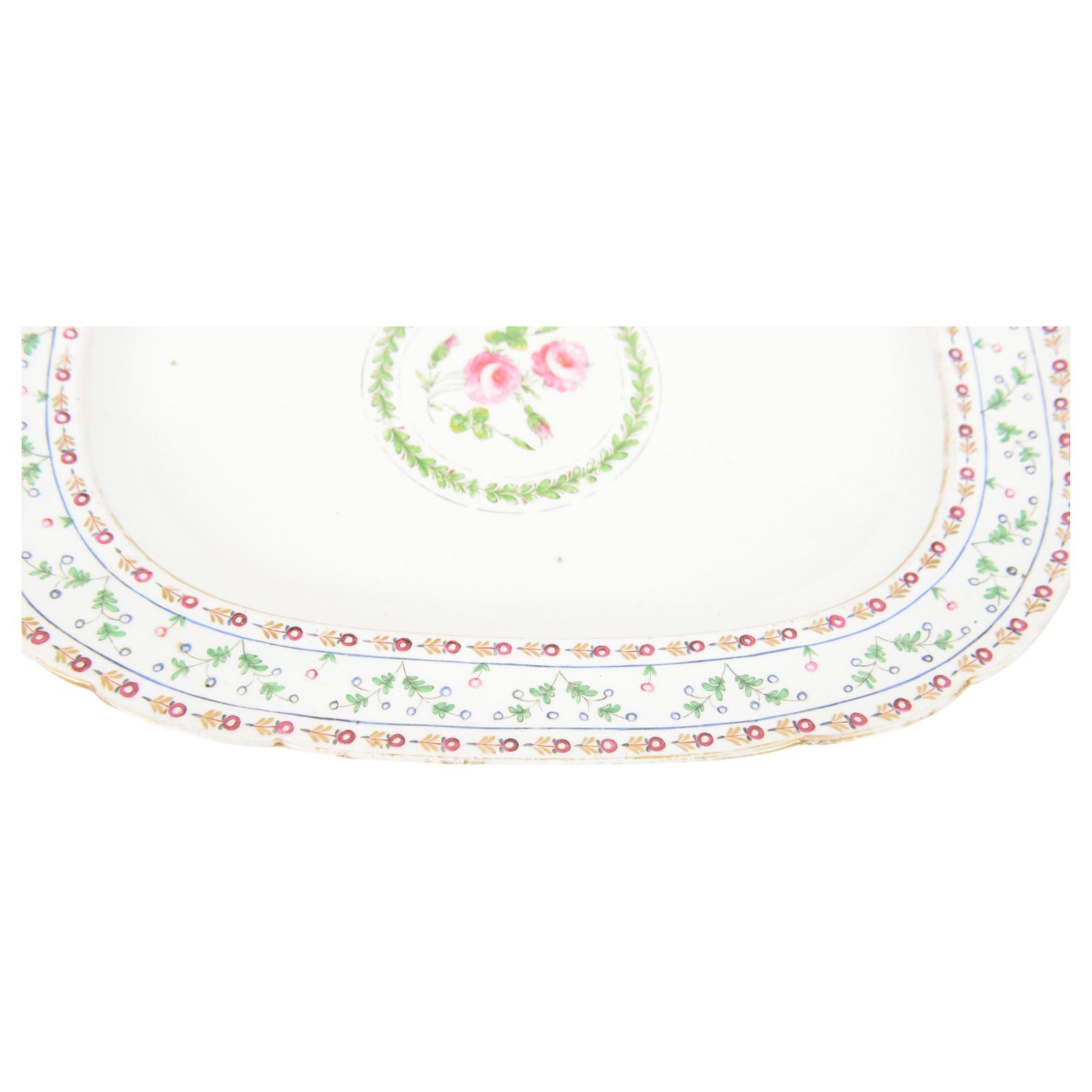 19th century serving platter, hand painted with floral sprig to the centre with floral and foliate borders, possibly Nantgarw, W48.5cm
