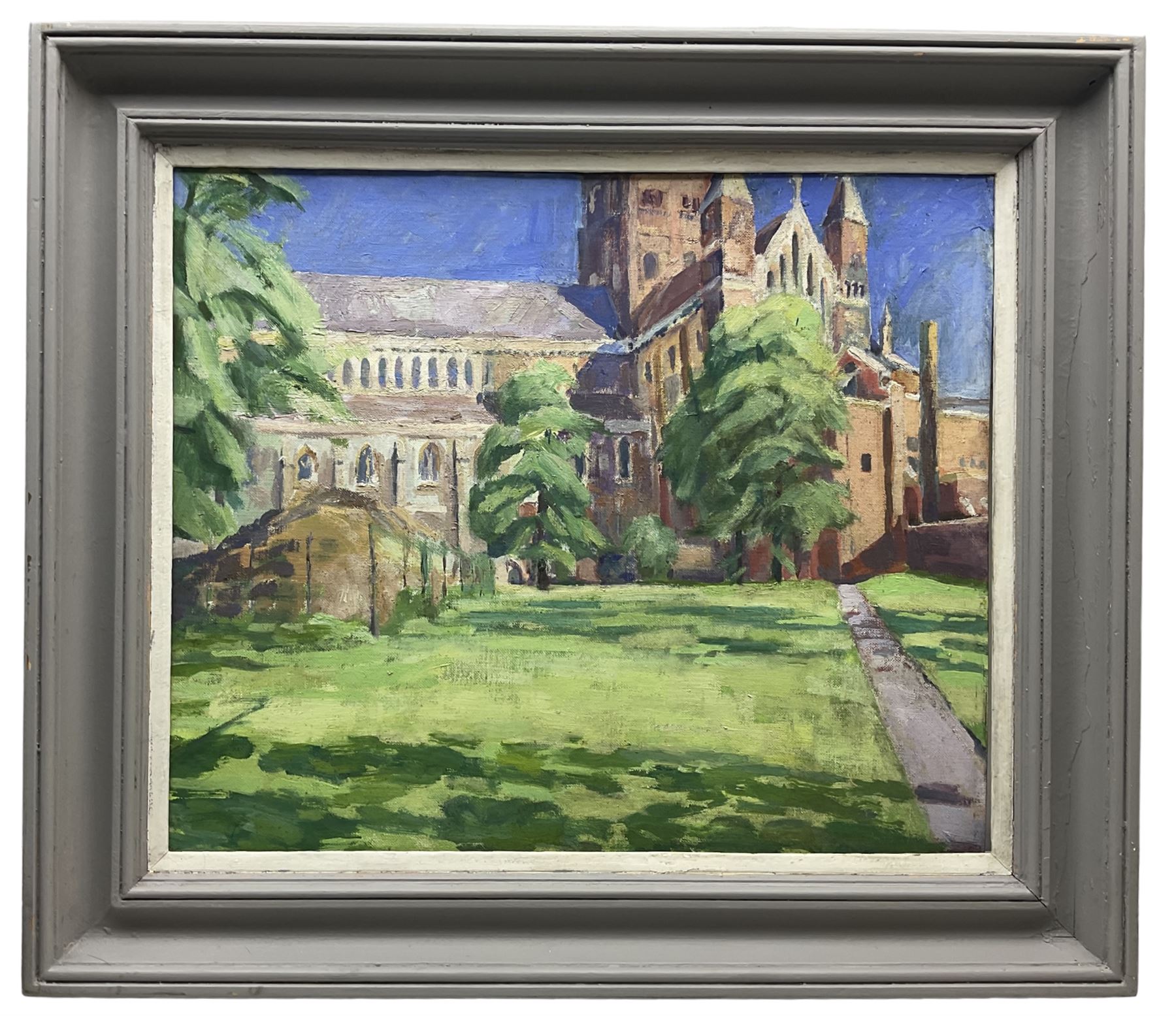 Pamela Chard (British 1926-2003): St Alban's Cathedral South Transept, oil on board unsigned 49cm x 59cm Provenance: studio collection of the late William Chard, the artist's husbandNotes: Chard was a British artist and teacher married to fellow artist William Chard (1923-2020). The couple met at the Redfern Gallery in Cork Street, London, and went on to study under several important artists such as Henry Moore, Ceri Richards, and Vivian Pitchforth. They were both active members of 'The Arts Council of Great Britain', and exhibited with the London Group and Drian Gallery.