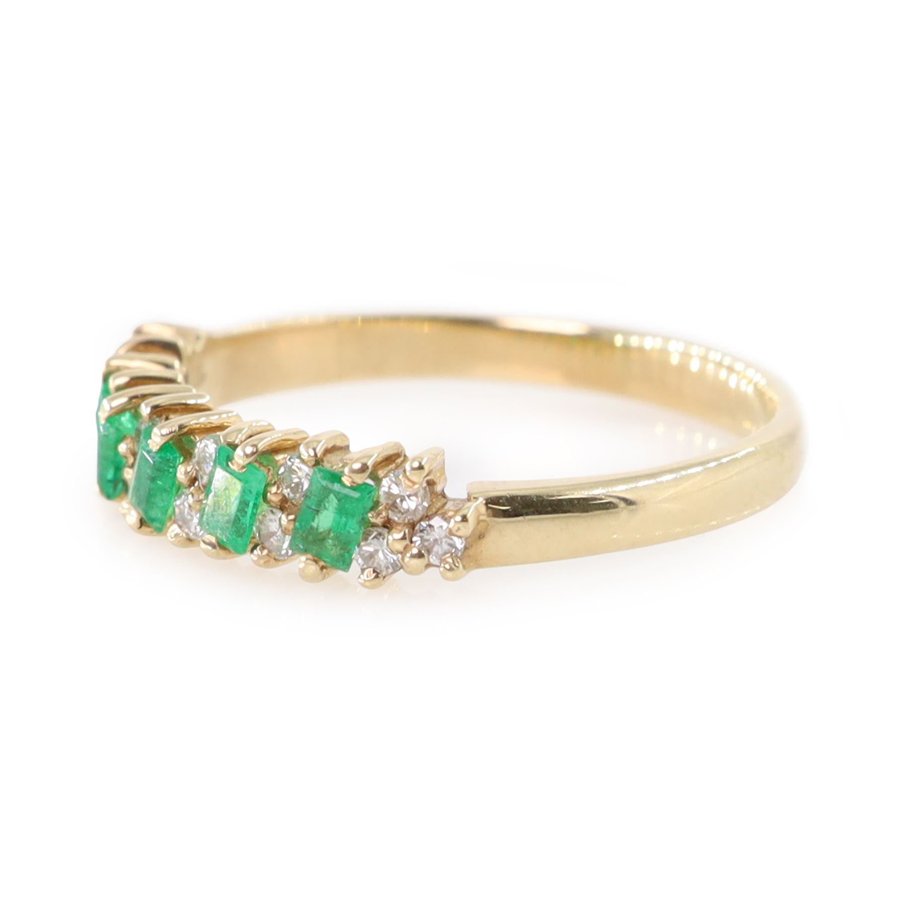 9ct gold emerald and diamond ring, set with five baguette cut emeralds and fourteen round brilliant cut diamonds, hallmarked 