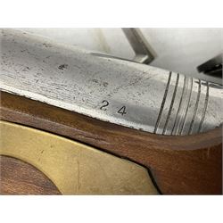 Reproduction non-firing flintlock pistol with brass skull crusher butt, the lock-plate inscribed 'Tower' and 'GR' L40cm; Sabre Japan Original Bowie Knife in sheath; and Indian embossed nickel two-piece walking cane (3)