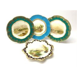 19th century Coalport plate of lobed form, painted with a pastoral scene within a gilt and turquoise ground, unmarked, D24cm a pair of 19th century lobed plates painted with views of 'Norham Castle' & 'Loch Katrine' and a George Jones Crescent porcelain plate of shaped form painted with a landscape scene by William Birbeck (4)