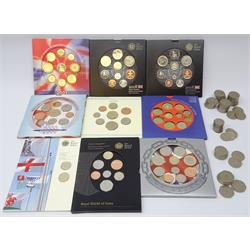  Collection of mostly modern coins including seven United Kingdom brilliant uncirculated coin collections, 1996, 2000, 2001, 2004 (at fault), 2006 and two 2008,  'The 2010 UK Cities' brilliant uncirculated set of two one pound coins and various pre-decimal coins etc  