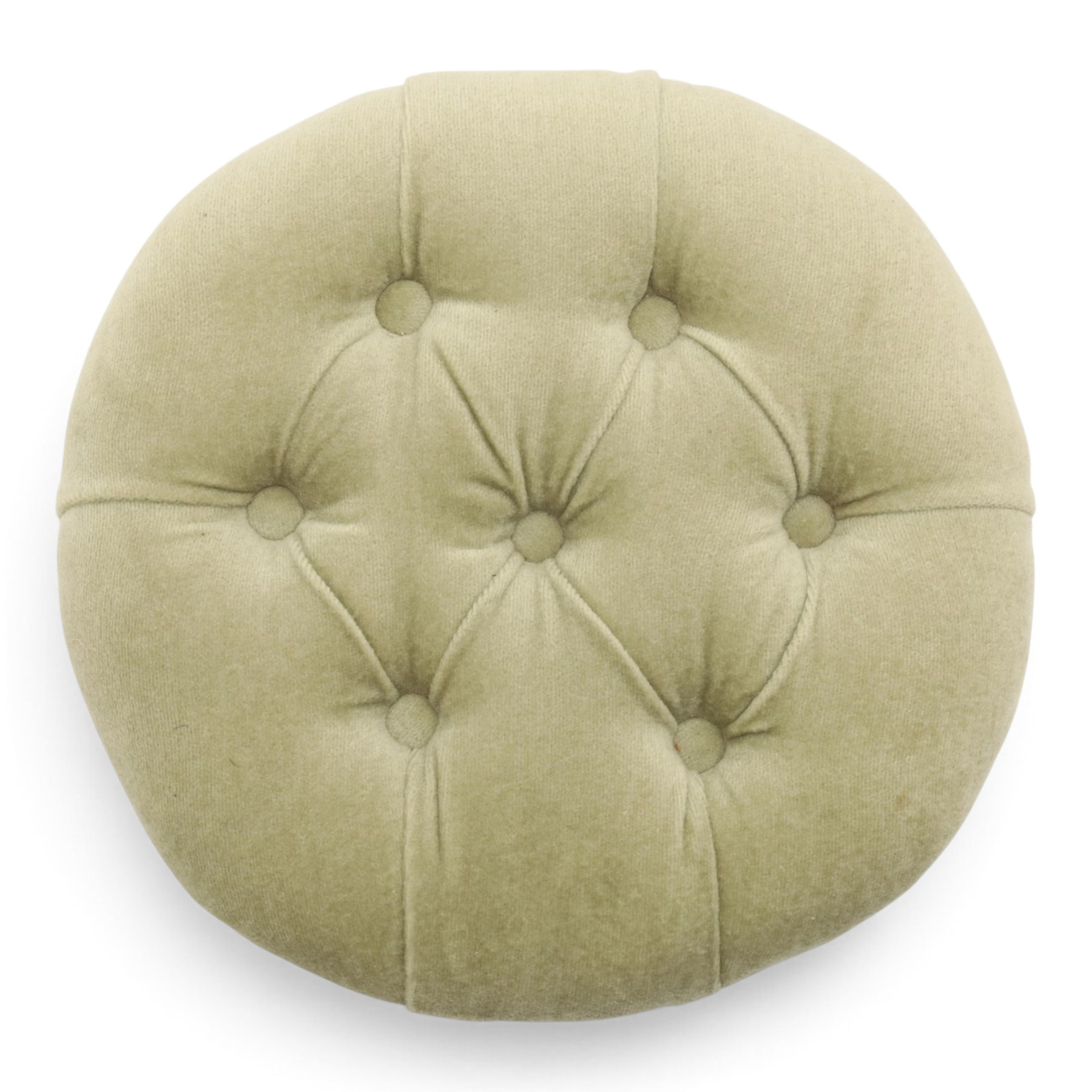 Victorian carved walnut framed armchair with matching stool, the tub-shaped chair with moulded and shaped frame and arm terminals, raised on scrolled cartouche carved supports with scroll feet and castors, buttoned back and sprung seat upholstered in sage green fabric; the small circular footstool with buttoned seat and scroll supports (W36cm H15cm)