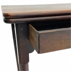 George II mahogany side table, rectangular fold over top, single frieze drawer, on single gate leg action base with pad foot supports 
