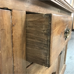  19th century pine bookcase on cupboard, projecting cornice, two glazed doors enclosing three shelves, two cupboards, two drawers, W158cm, H231cm, D46cm  