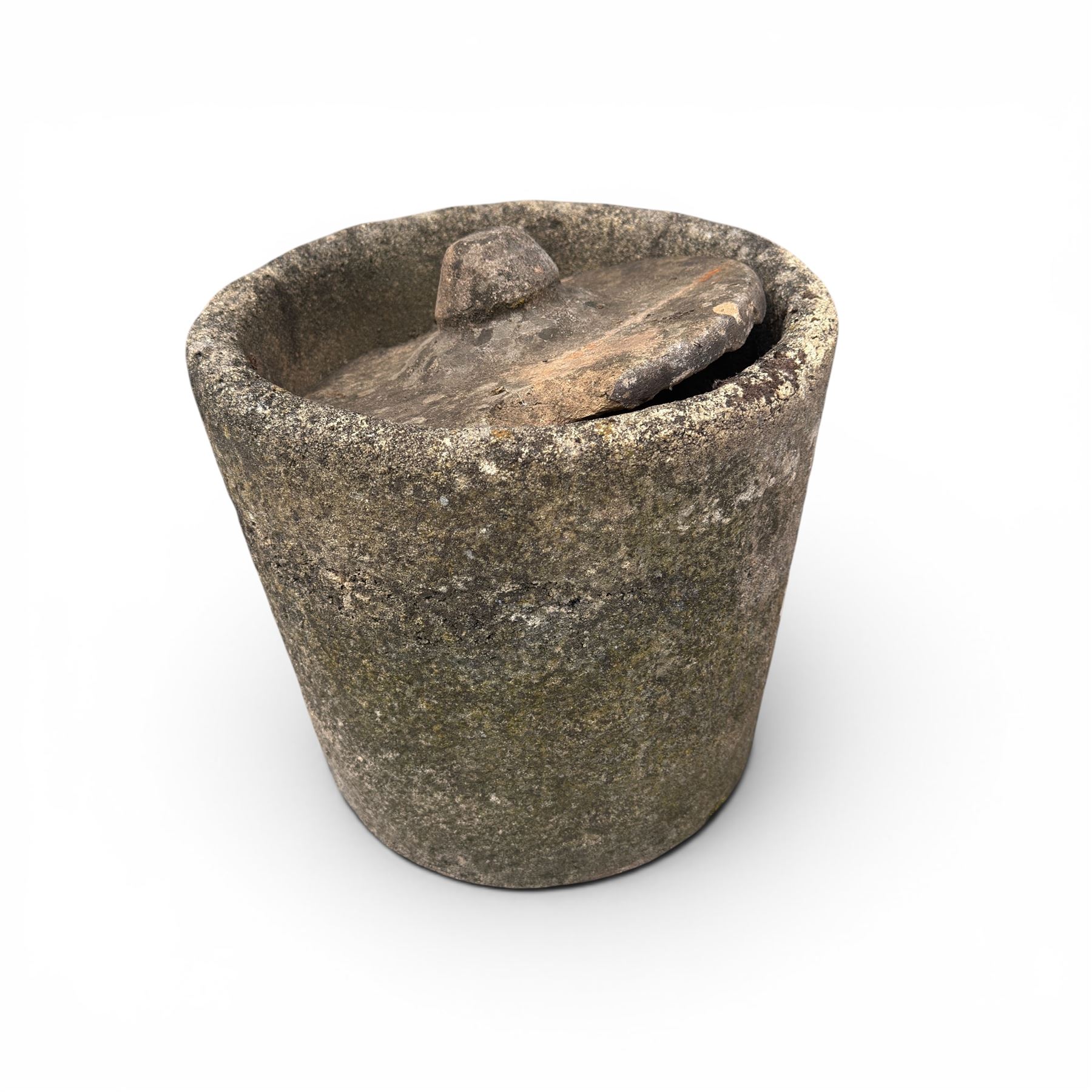 Five composition stone garden planters, comprising various circular and square forms with relief foliate decoration, together with a cylindrical lidded garden pot.