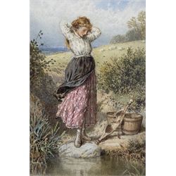 Myles Birket Foster RWS (British 1825-1899): The Milkmaid, watercolour signed with monogram 14cm x 9.5cm 
Provenance: private collection, purchased James Alder Fine Art, Hexham; exh. Chris Beetles, Ryder Street, London; with Christie's London 9 June 2005 Lot 131; with J & W Vokins, King Street, London; from the collection of P C Withers, Esq., various labels verso