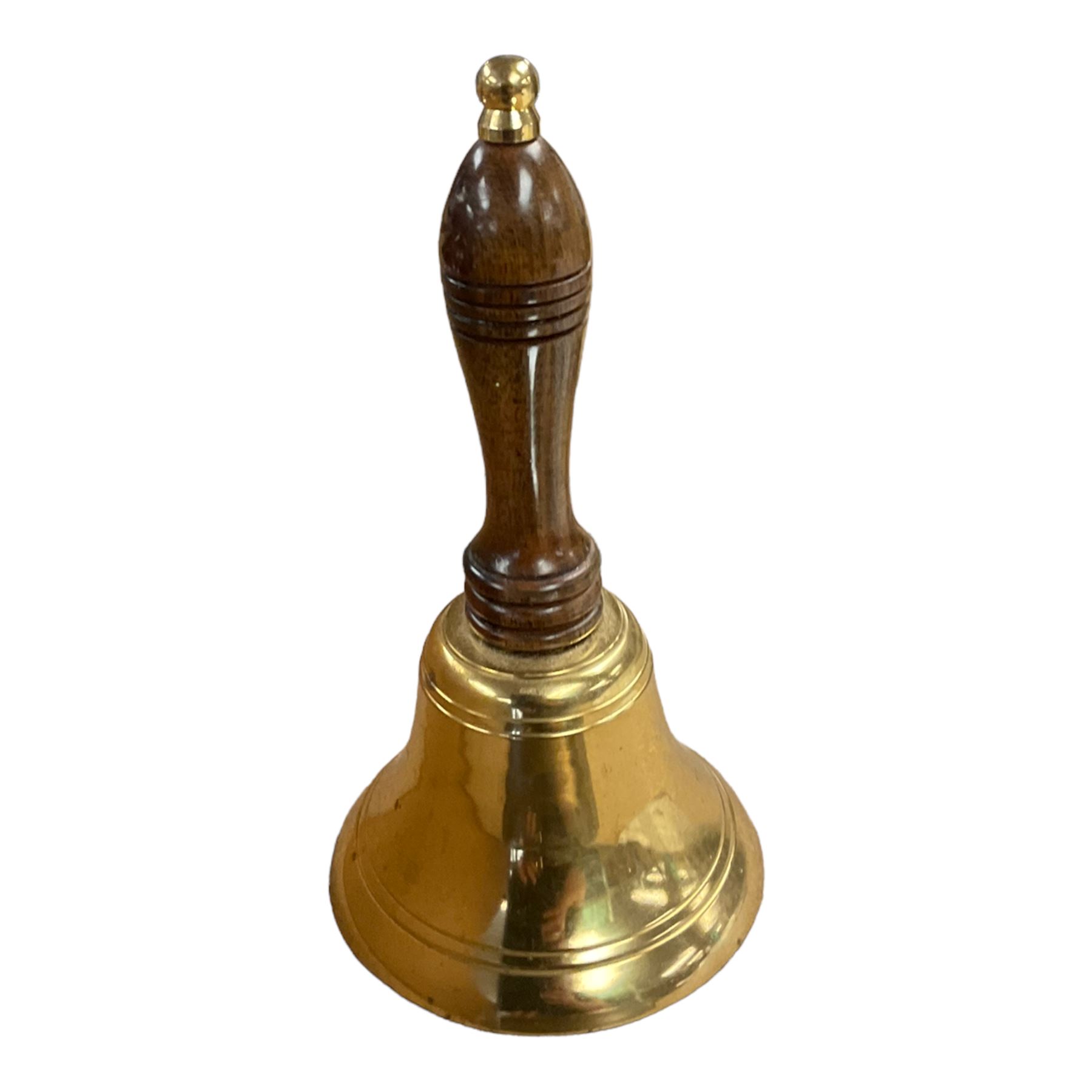 Brass Art Deco style mirror, together with a brass bell and other metalware 