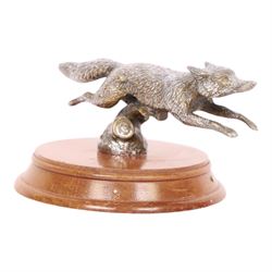 Louis Lejeune running fox car mascot mounted on a wooden plinth, H8cm