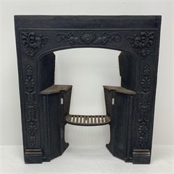 *19th century black painted cast iron fire inset, decorated with central shell and scrolled foliate, 82cm x 91cm
