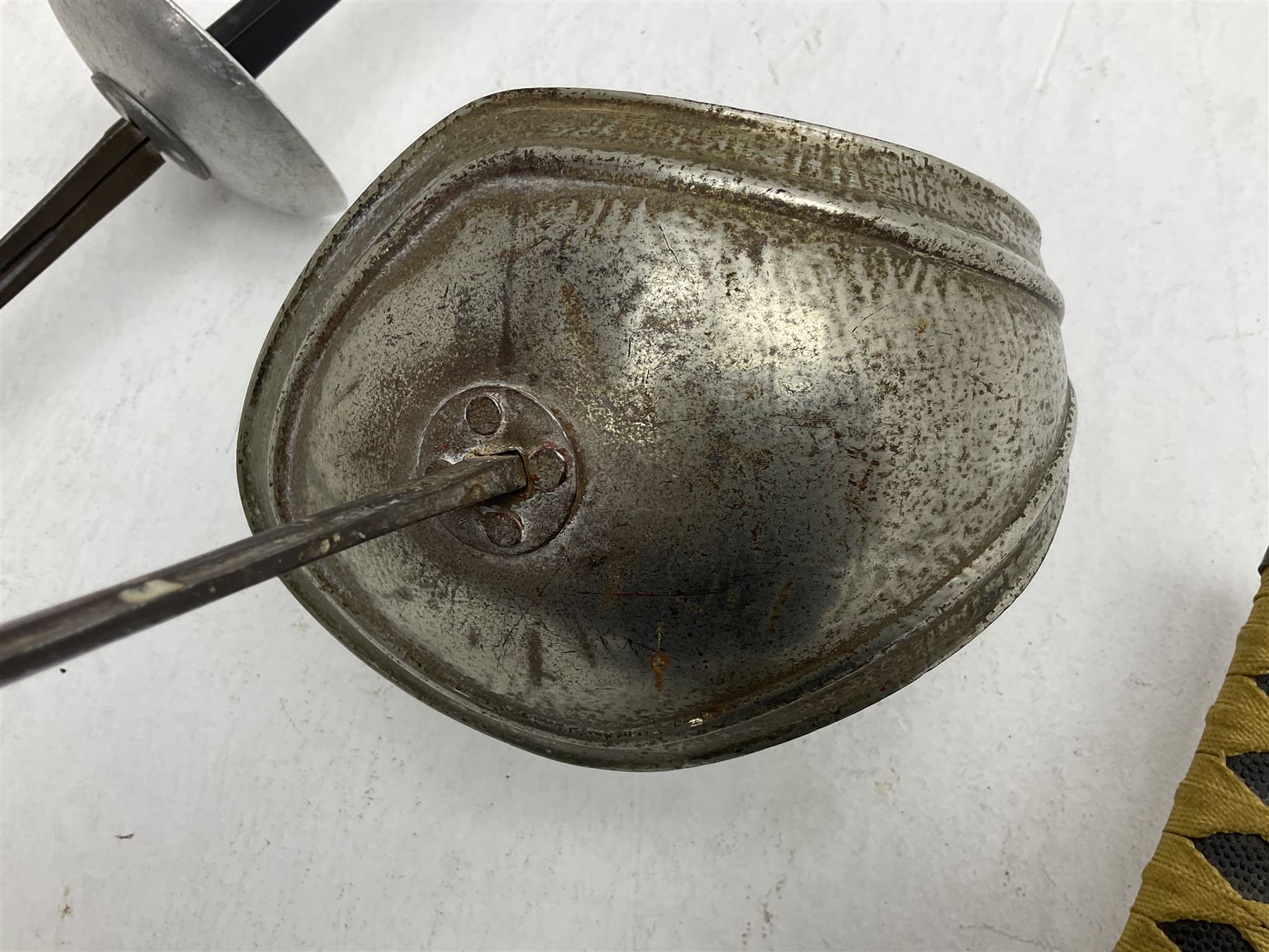 Reproduction Japanese katana with 63cm slightly curving fullered steel blade, ornate tsuba, cord bound grip and gilt transferred black saya L92cm; and two fencing foils, one marked Leon Paul (3)