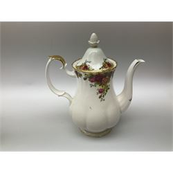 Royal Albert Old Country Roses pattern tea set, comprising teapot, coffee pot, six teacups and six saucers, five side plates, further teacup with joined saucer and side plate, open sucrier, milk jug, cake plate, and preserve pot and cover, together with Royal Albert Jubilee Rose pattern sauce boat and stand, and Royal Albert Lavender Rose pattern cake stand. 