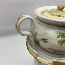 Two 19th century continental teapots and warmers, each teapot upon a cylindrical warming base, hand printed with landscapes and seascapes, largest H22cm