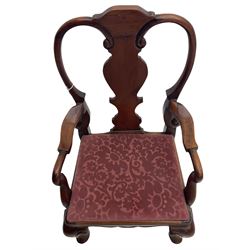Queen Anne style child's mahogany armchair, vase shaped splat back, drop in upholstered seat, on cabriole supports, H64cm x W38cm