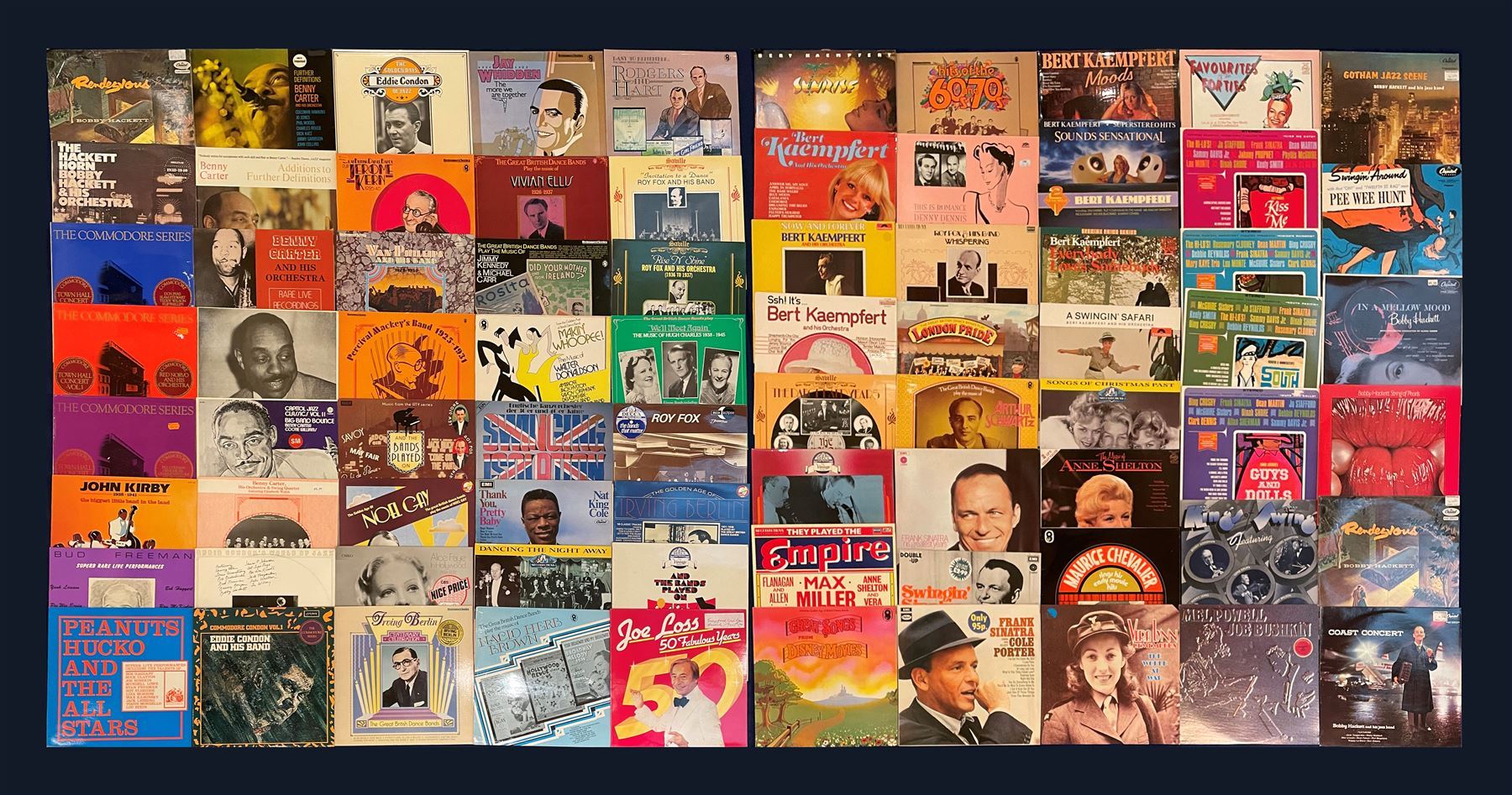 Large quantity of vinyl records including 'Nat King Cole Melody Mile', various other Nat King Cole, 'Magic Mandolins The Geoff Love Mandolins', 'The Best Of Peggy Lee' etc; 'Bing Crosby A Christmas Toast', 'At the Jazz Band Ball with Eddie Condon and his Orchestra', 'Anne Shelton I'll Be Seeing You' etc,  'The Very Best of Nat King Cole', 'Isn't it Heavenly Joe Loss and his Band 1933-1934', 'Sentimentally Yours Al Bowlly', 'Johnny Mercer Sings Johnny Mercer', 'Billy Cotton and his Band Somebody Stole My Gal' etc; 'Ray McKinley Class Of 49', 'The Boyd Raeburn Orchestra Experiments In Big Band Jazz 1945', 'The Golden Age Of Felix Mendelssohn's Hawaiian Serenaders', 'Scott Wood & His Six Swingers 1935:1936' etc, 'Van Phillips and His Band 1928-1934', 'Great British Dance Bands Play Jerome Kern 1926-46', 'The Golden Age of Noel Gay', 'Dancing The Night Away', 'Nat King Cole Thank You, Pretty Baby', 'Alice Faye In Hollywood (1934-1937)' etc,  'June Christy Recalls Those Kenton Day', 'Doris Day Whatever Will Be, Will Be', 'Keely Smith I wish you Love', 'Rosemary Clooney with orchestra arranged and conducted by Nelson Riddle', 'Zing! Ross Mitchell, His Band And Singers', 'The Glenn Miller Story' etc,  approximately 450