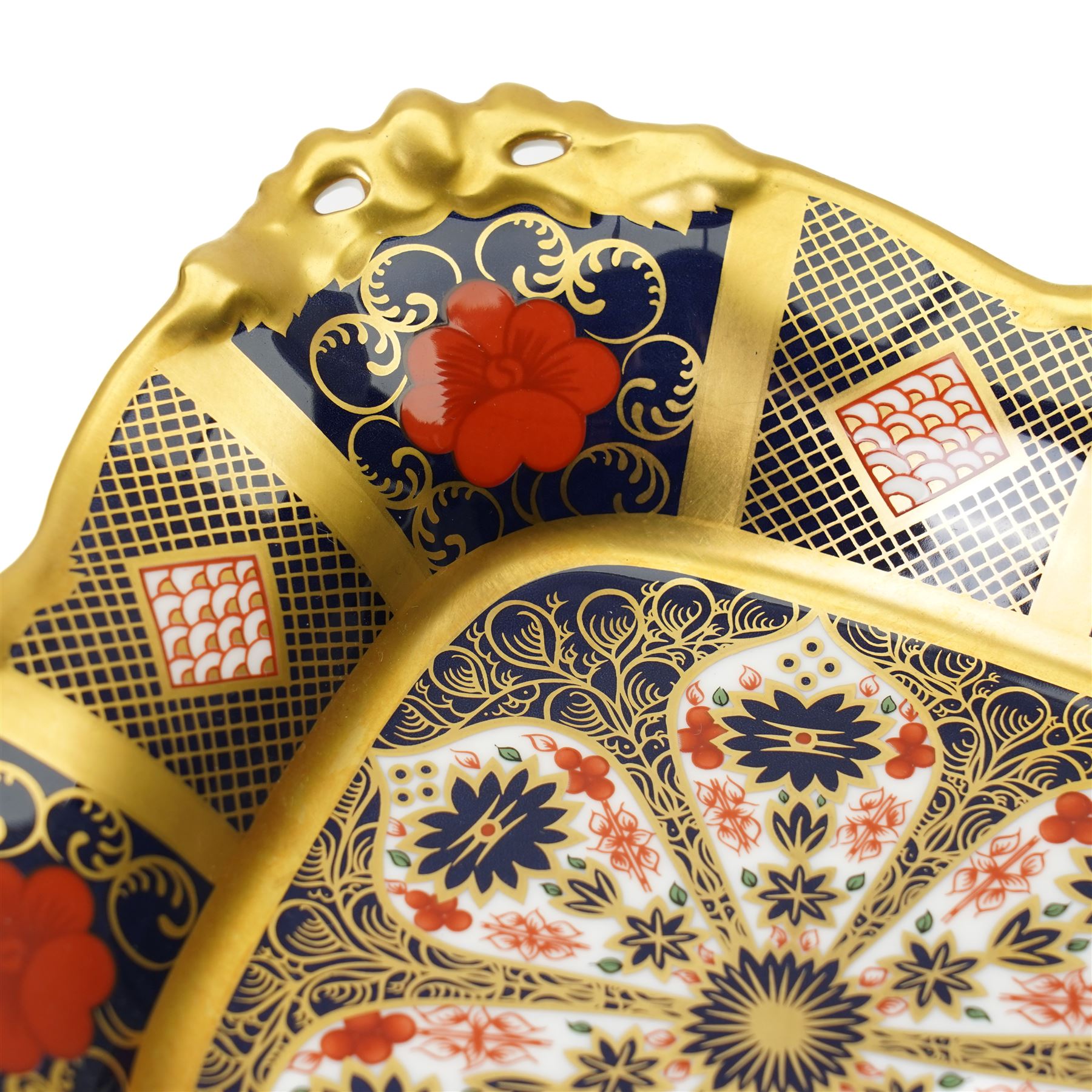 Royal Crown Derby Imari 1128 pattern square footed basket/dish, boxed, W23cm; together with two further pairs of vases in the same pattern, H9.5cm and H7cm (5)