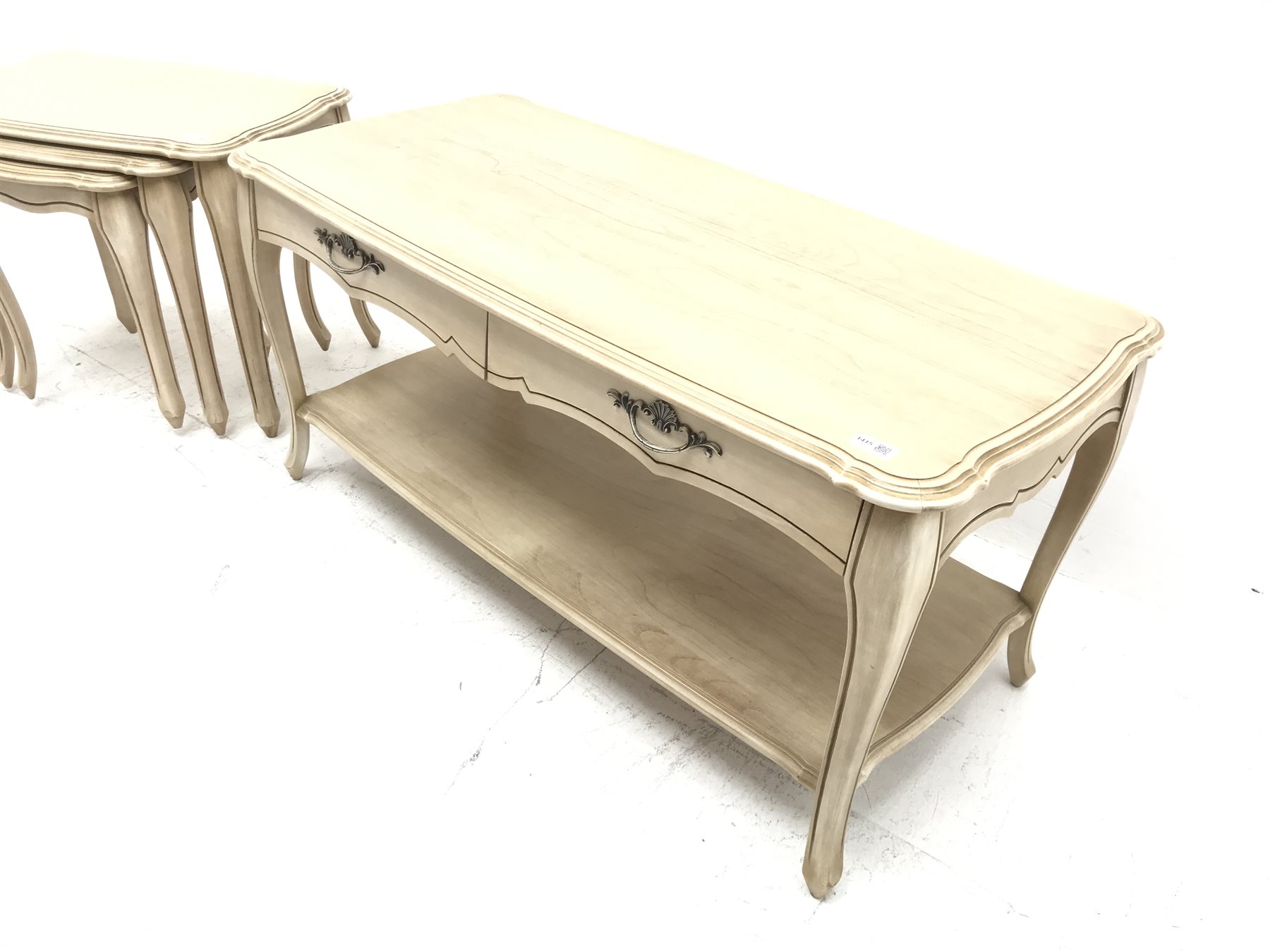 Pierre Fontaine collection light wood coffee table, moulded shaped top, two drawers, cabriole legs joined by solid undertier (W116cm, H55cm, D54cm) and matching nest of three tables (W67cm, H52cm, D44cm)