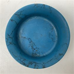 Carved single piece turquoise bowl with fluted rim, upon a raised footed base, D10cm, H5cm