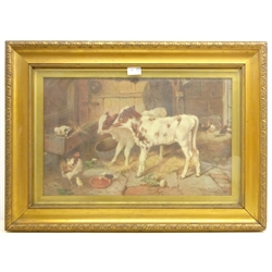  J Galt (British 19th/20th century): Stable Interior with Calves and Hens, oil on canvas signed and dated 1910, 34cm x 54cm  
