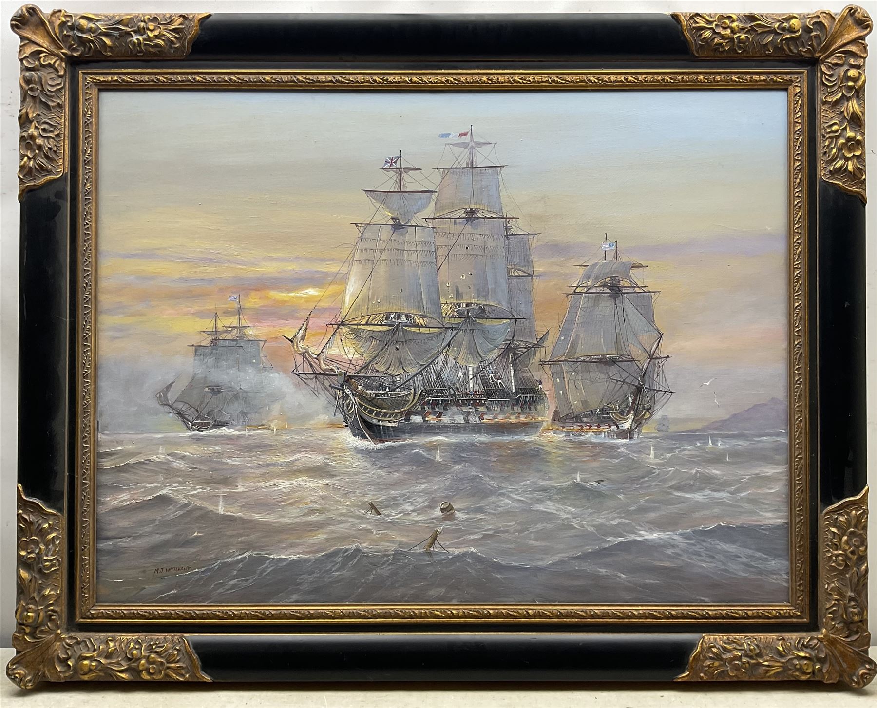 Michael J Whitehand (British 1941-): Naval Battle, oil on canvas signed 75cm x 100cm