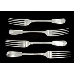 Set of four George IV provincial silver dinner forks, Fiddle pattern by James Barber & William Whitwell, York 1821, approx 9oz