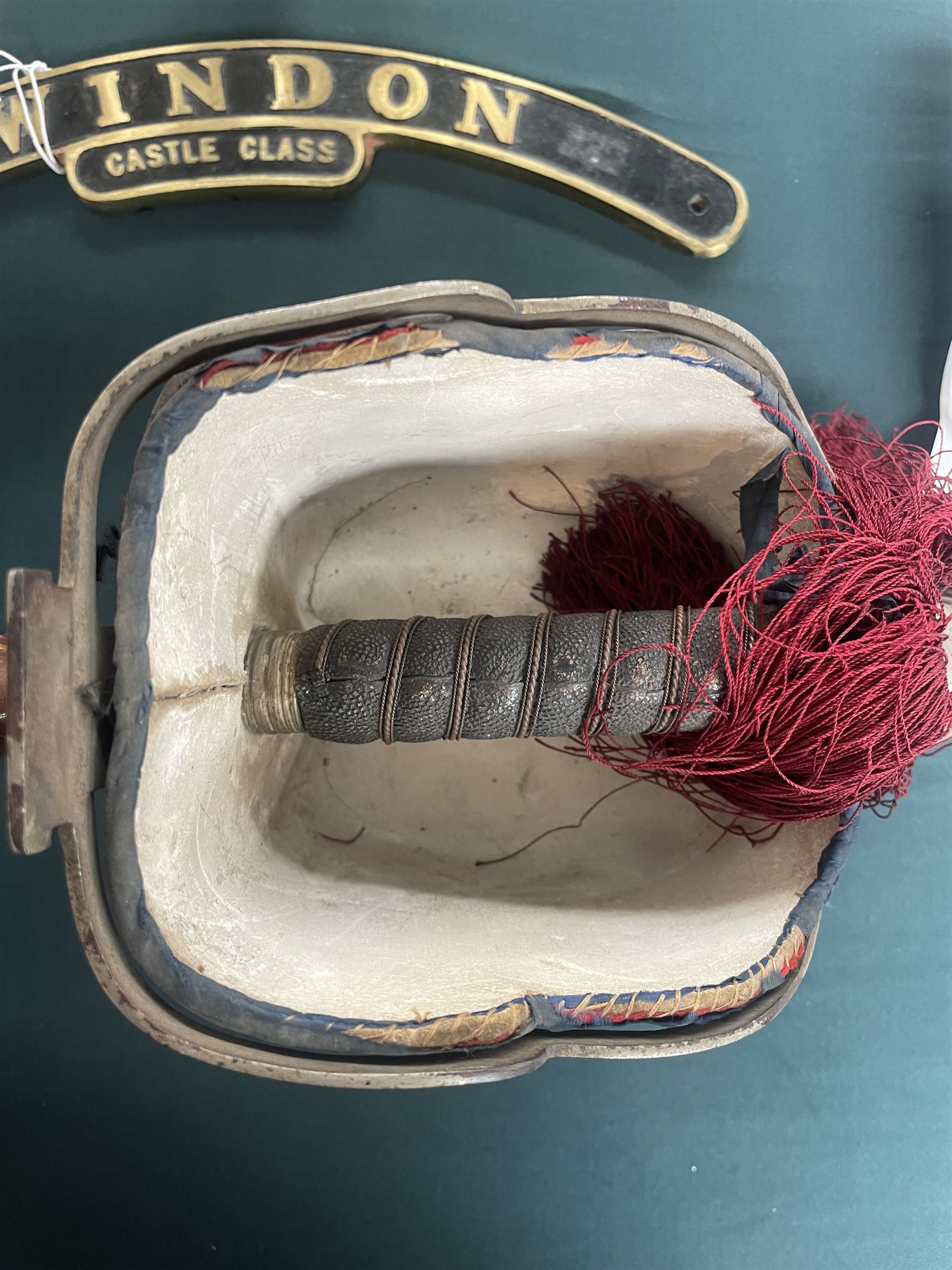 George V basket hilted broad sword with engraved blade, wire wound fish skin grip and field service scabbard, blade length 83cm