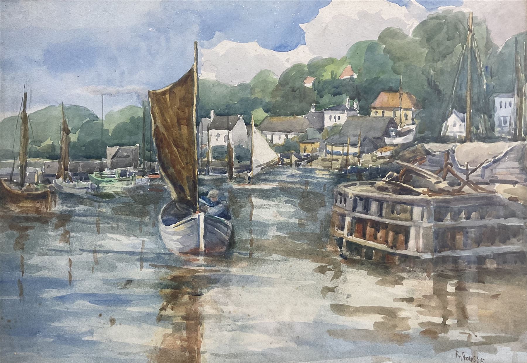 After Frank Rousse (British fl.1897-1917): Harbour Scene, watercolour bearing signature 28cm x 40cm 