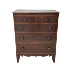 Victorian mahogany chest, rectangular top with moulded edge over two short and three long cockbeaded graduated drawers, on shaped bracket feet
