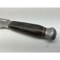 German ERN Wald-Solingen Art Deco style hunting knife with 13cm Bowie type blade and chrome fittings with antler grip; in leather sheath L24.5cm overall; and Bianchi Rastignano Aeronautica Militare combat knife with 15.5cm Bowie type saw-back blade and stacked leather grip (2)