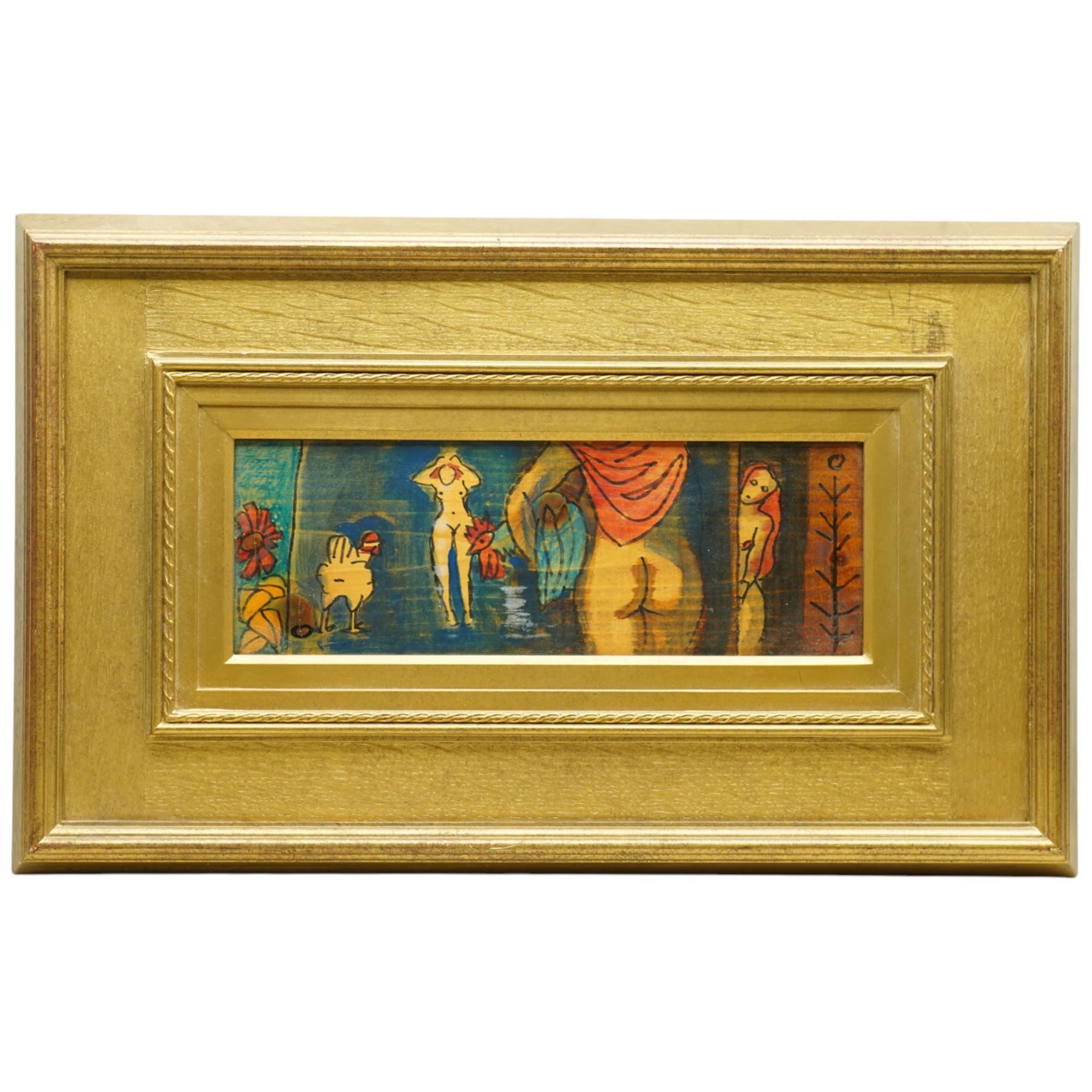 Kai Breder Fjell (Norwegian 1907-1989): The Garden of Whimsy - Three Graces and the Cockeral, gouache on pine panel unsigned, authenticated signed and stamped by the artist's son Jon Havard Fjell verso 12cm x 33cm