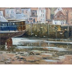 Christine M Pybus (British 1954-): Whitby Quayside, oil on board signed 19cm x 24cm