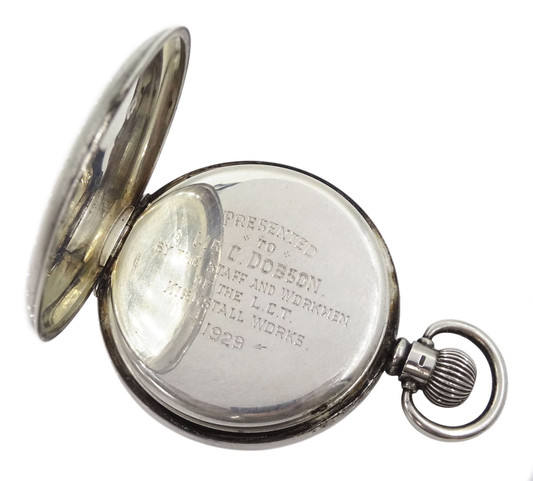 Early 20th century open face keyless lever presentation pocket watch by Rolex, white enamel dial with Roman numerals and subsidiary seconds dial, case by Dennison Watch Case Co, Birmingham 1928, retailed by William Greenwood & Sons, Leeds & Huddersfield