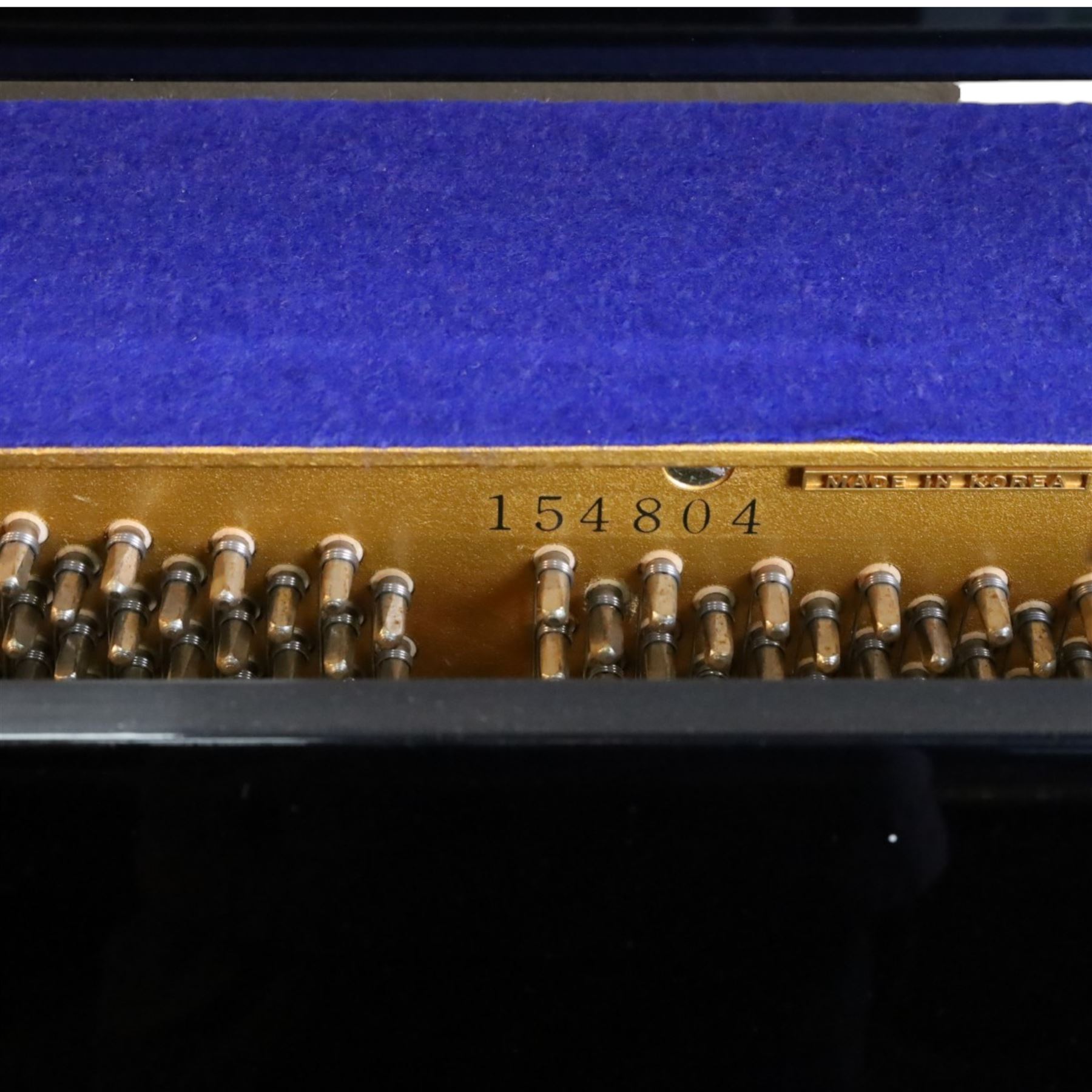 Offenbach by Daewoo model DU-4 upright piano, within high gloss ebonised case, circa 1990s serial no. 154804, with black wooden stool with velvet seat