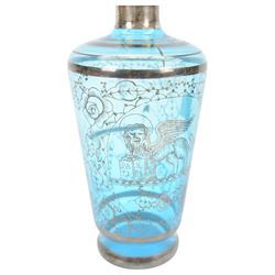 Pair of Victorian Bohemian ruby glass goblet and cover, together with a blue glass decanter and a ruby plate with silvered overlay, goblets H24cm 