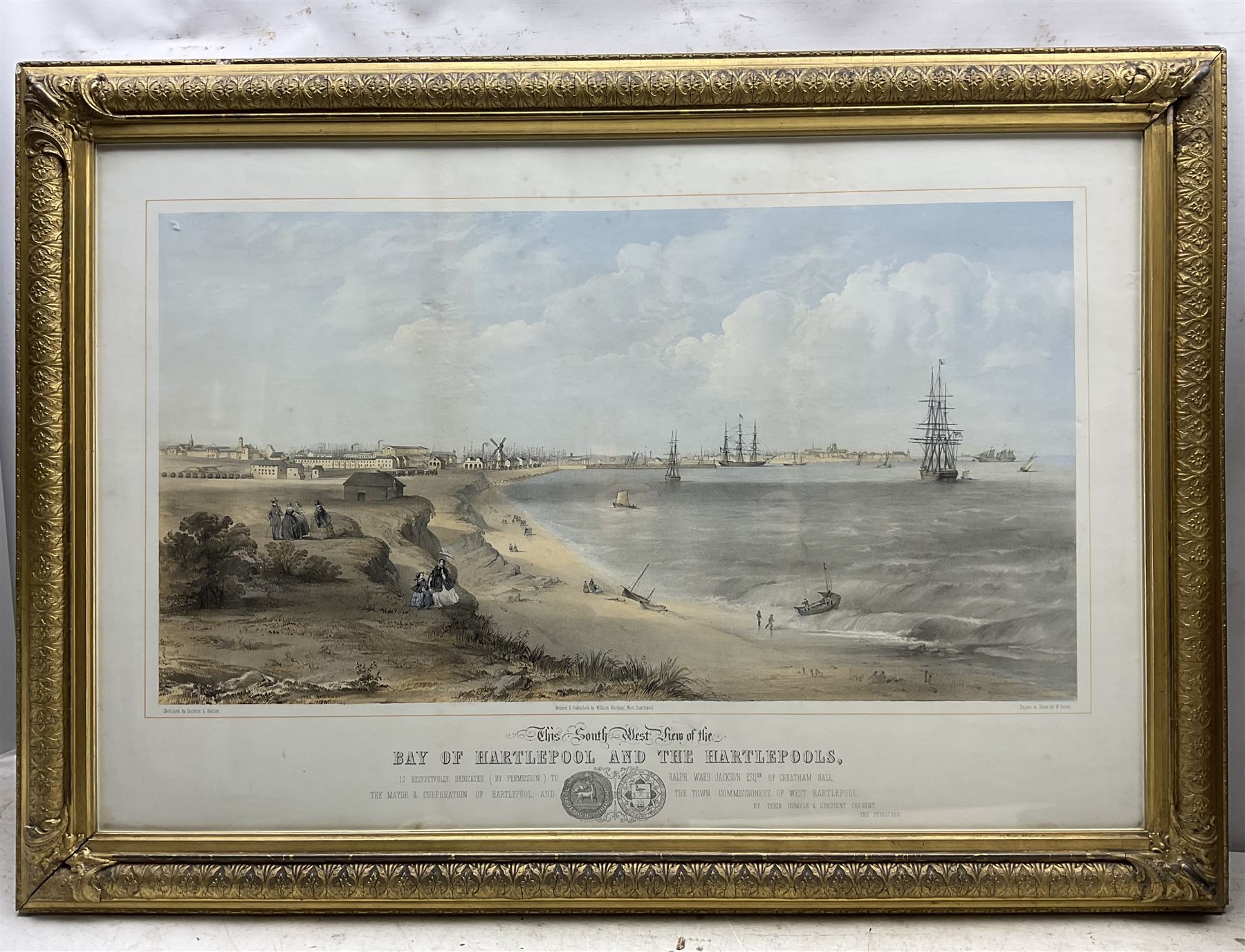 After William Bevan (Engraver - British 19th Century): 'South-West View of the Bay of Hartlepool and the Hartlepools', 19th century coloured lithograph 39cm x 72cm 