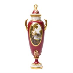 Early 20th century Royal Worcester vase and cover by Harry Davis, painted with a distant v...