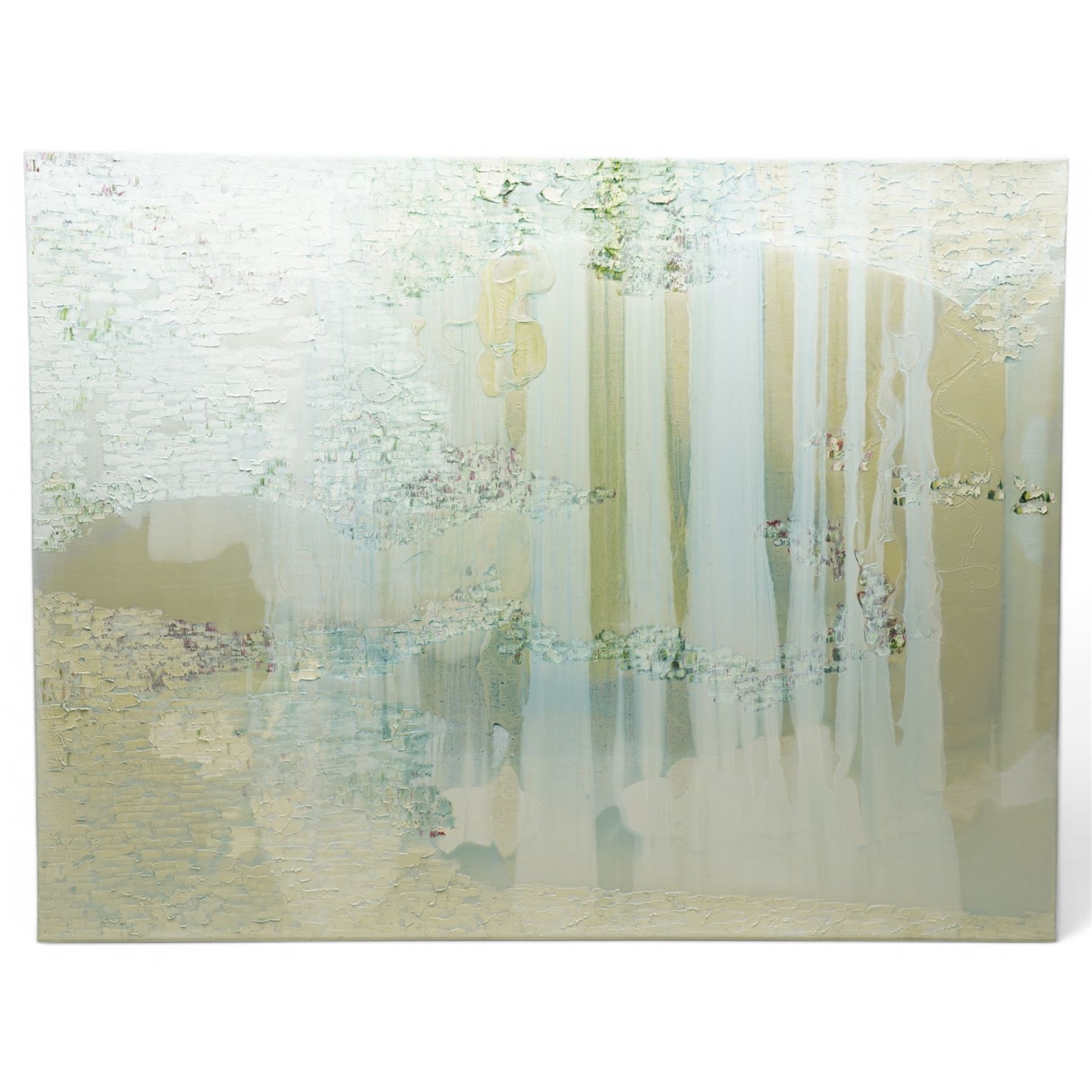 Jessica Zoob (British Contemporary): 'Sweet Rain', pair of mixed media oil and lacquer works on canvas signed and dated 2020 verso, titled on stretcher 80cm x 105cm (2)
Notes: Known for her atmospheric, colour-led paintings, Zoob draws inspiration from landscape and nature. She has an established international market, with works held in private collections including that of Harry Styles.