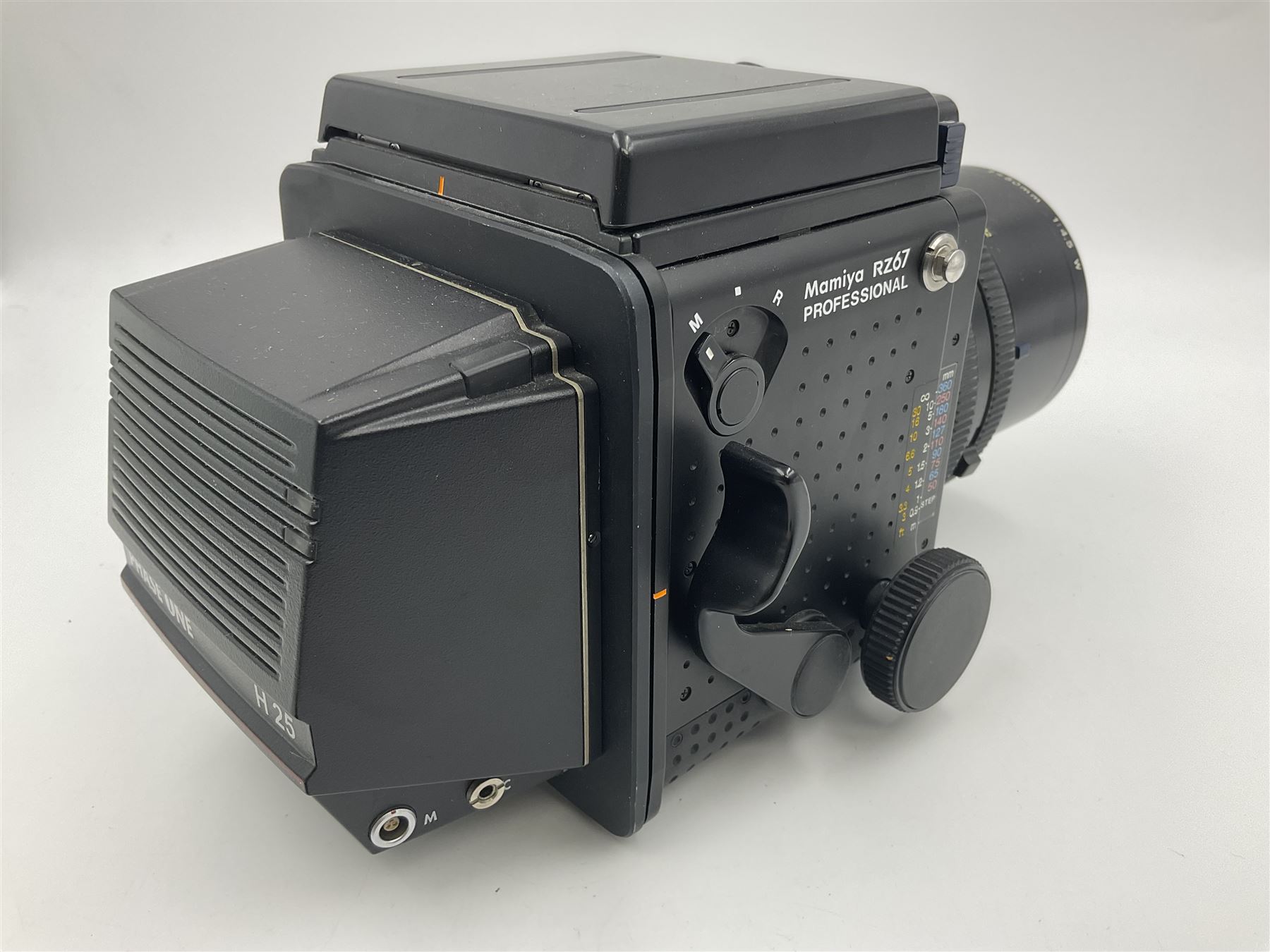 Mamiya RZ67 professional camera body, serial no 120282, with 'Mamiya-Sekor Z f=50mm 1:4.5 W' lens, serial no 18057 and RZ67 AE Prism Finder serial no 106809