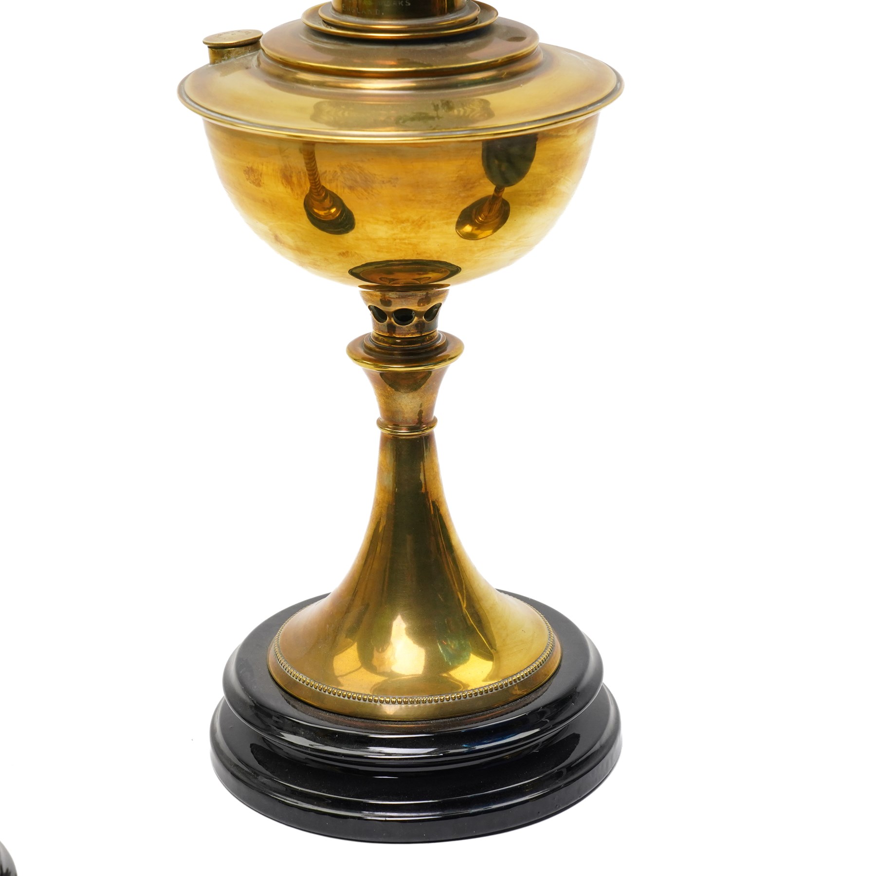 Victorian brass table oil lamp with painted green glass reservoir, another with blue glass reservoir and one other lamp (3)