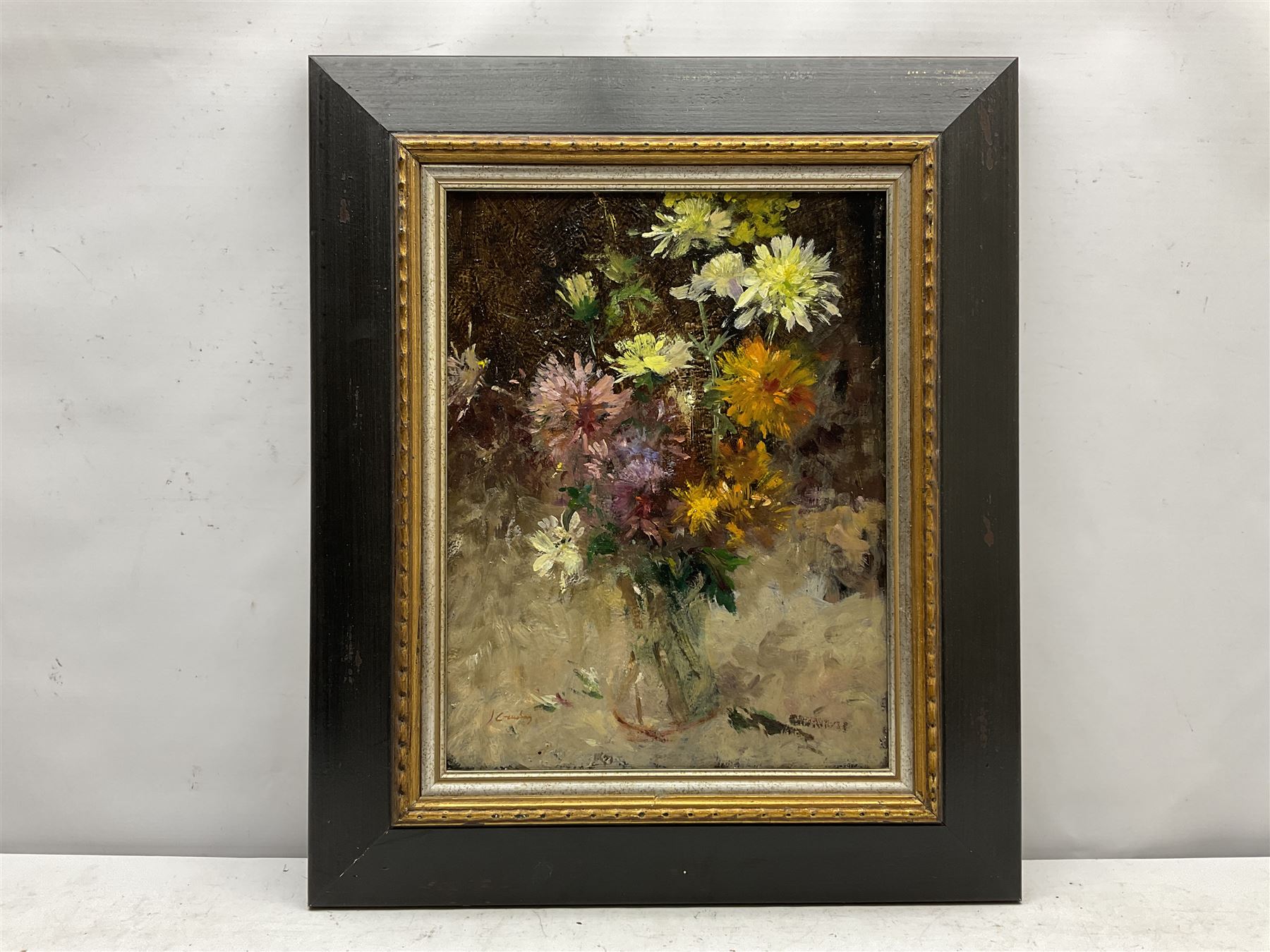 J Crawley (British 20th century): Still Life of Summer Flowers, oil on board signed 40cm x 31cm
Provenance: from the Iris Collett artist's studio collection. Crawley was a fellow artist and friend of Iris Collett