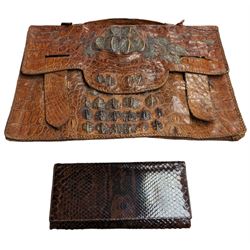 Crocodile skin handbag and lizard skin purse, largest H25cm, W40cm