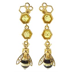 Pair of silver-gilt Baltic amber honey bee earrings