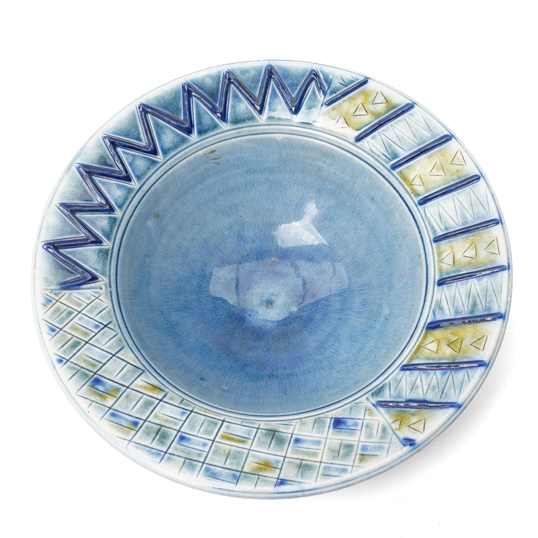 Andrew Osborne (1956 -): Geometric Jar and Bowl, with abstract design in typical blue and green glazes, incised marks to bases, jar H34cm