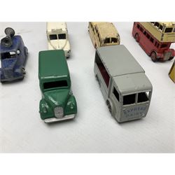 Dinky - Bedford 10cwt Van 'Kodak' No.480, boxed; and six unboxed and playworn models including Trojan Chivers Jellies van, loudspeaker van, Daimler Ambulance, N.C.B. Electric Van and two buses (7)