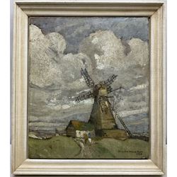 Reginald Frank Knowles Drewe (British 1878-1951): Windmill under Heavy Clouds, oil on artist's board signed and dated 1935, 36cm x 30cm