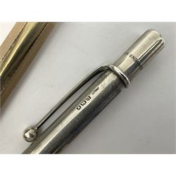 Five gold filled Wahl Eversharp propelling pencils, together with a silver propelling pencil, hallmarked London 1946, J.M.Co Johnson, Matthey & Co, and two further gold filled propelling pencils, one with box, largest L13cm (8)