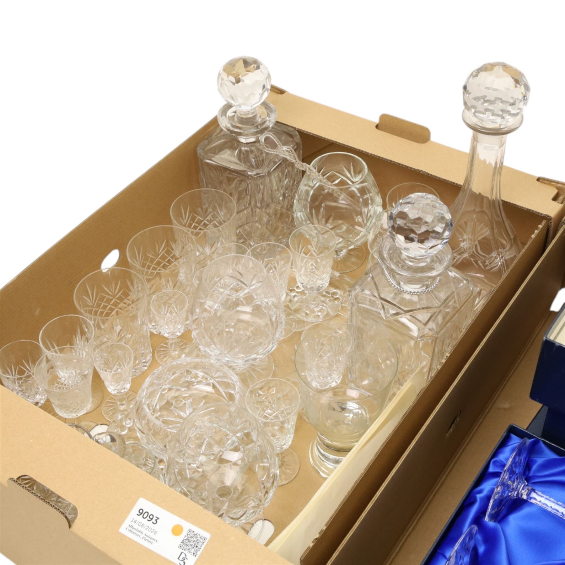 Set of eight cut wine glasses, boxed, glass decanters and table glass